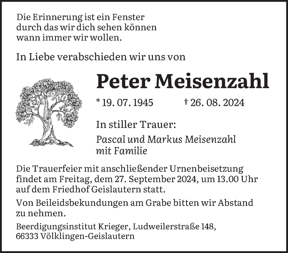  Traueranzeige für Peter Meisenzahl vom 21.09.2024 aus saarbruecker_zeitung