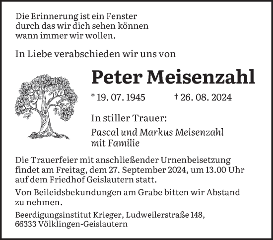 Traueranzeige von Peter Meisenzahl von saarbruecker_zeitung