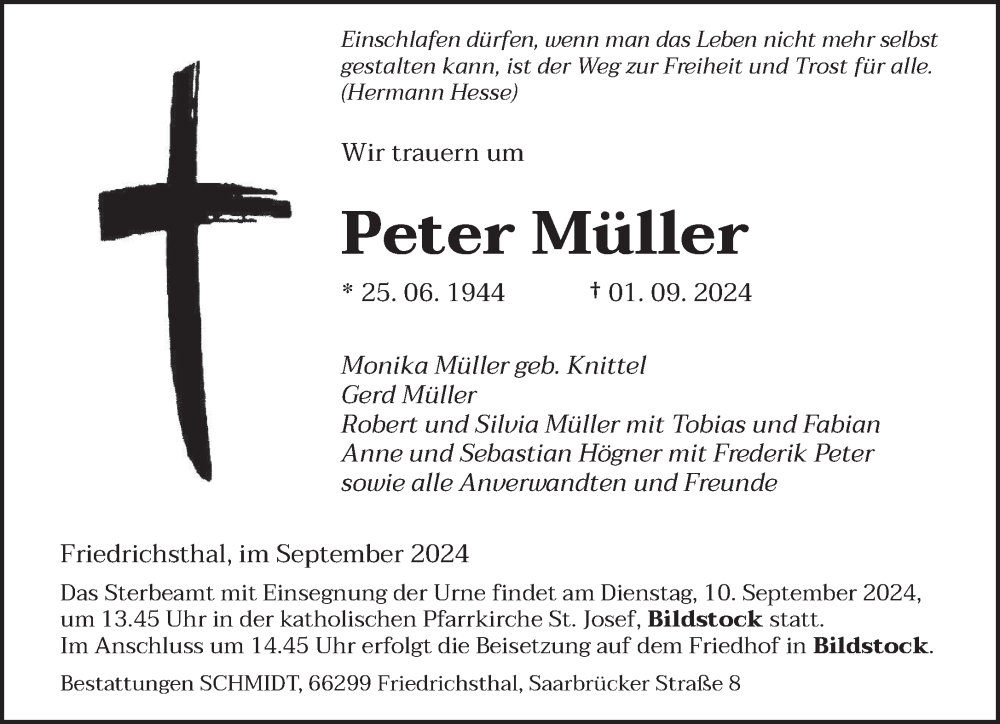  Traueranzeige für Peter Müller vom 04.09.2024 aus saarbruecker_zeitung