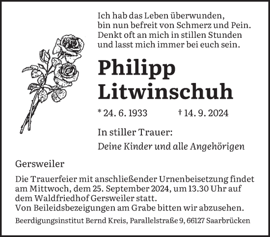 Traueranzeige von Philipp Litwinschuh von saarbruecker_zeitung