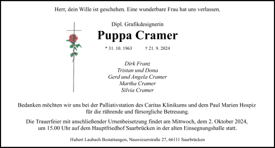 Traueranzeige von Puppa Cramer von saarbruecker_zeitung