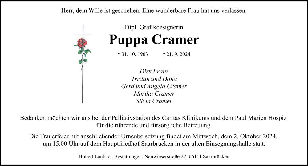  Traueranzeige für Puppa Cramer vom 28.09.2024 aus saarbruecker_zeitung