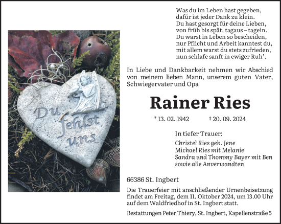 Traueranzeige von Rainer Ries von saarbruecker_zeitung