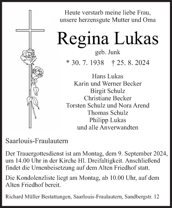 Traueranzeige von Regina Lukas von saarbruecker_zeitung