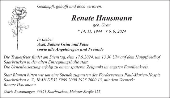 Traueranzeige von Renate Hausmann von saarbruecker_zeitung