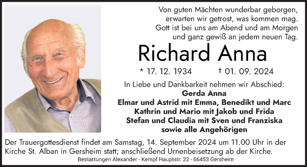  Traueranzeige für Richard Anna vom 11.09.2024 aus saarbruecker_zeitung