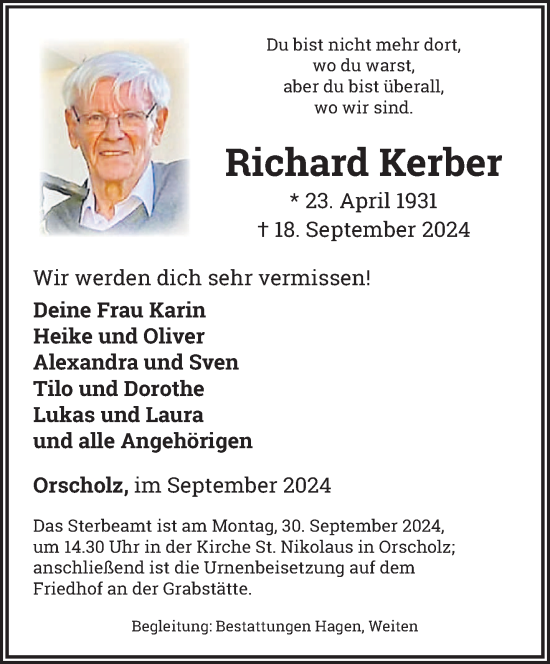 Traueranzeige von Richard Kerber von saarbruecker_zeitung