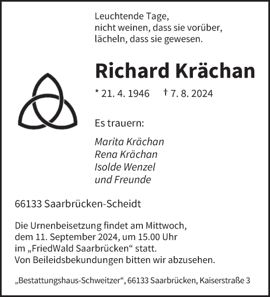 Traueranzeige von Richard Krächan von saarbruecker_zeitung