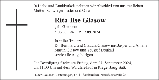 Traueranzeige von Rita Ilse Glasow von saarbruecker_zeitung