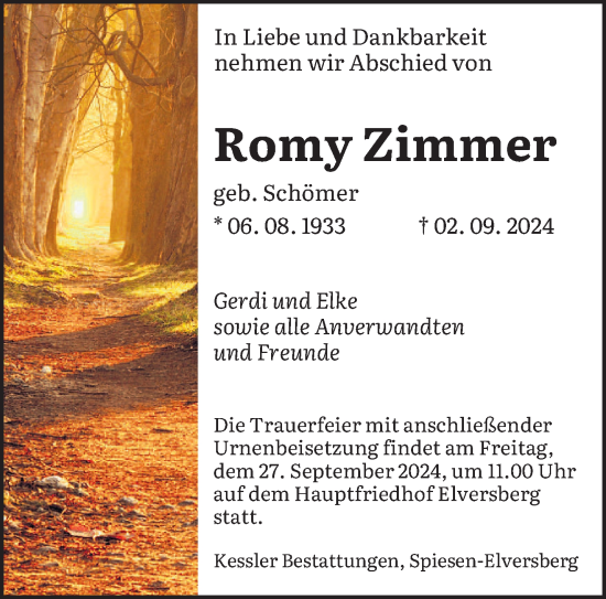 Traueranzeige von Romy Zimmer von saarbruecker_zeitung