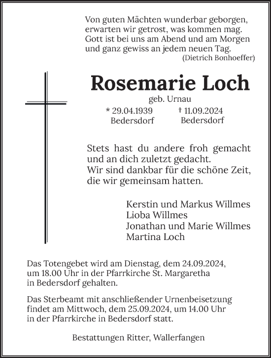 Traueranzeige von Rosemarie Loch von saarbruecker_zeitung