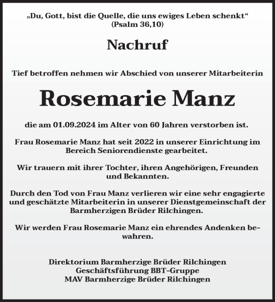 Traueranzeige von Rosemarie Manz von saarbruecker_zeitung