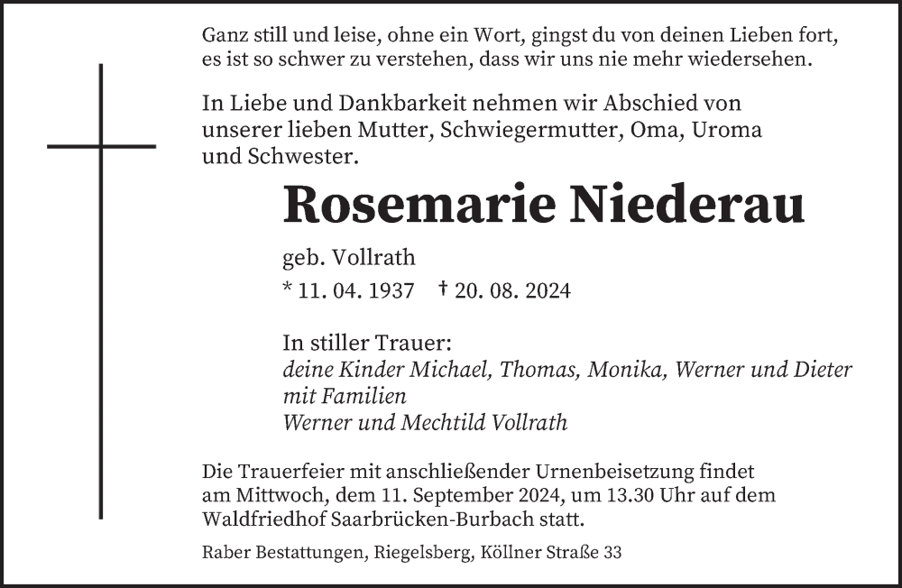  Traueranzeige für Rosemarie Niederau vom 31.08.2024 aus saarbruecker_zeitung