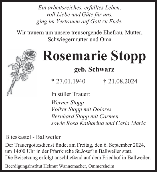 Traueranzeige von Rosemarie Stopp von saarbruecker_zeitung