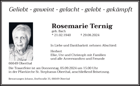 Traueranzeige von Rosemarie Ternig von saarbruecker_zeitung