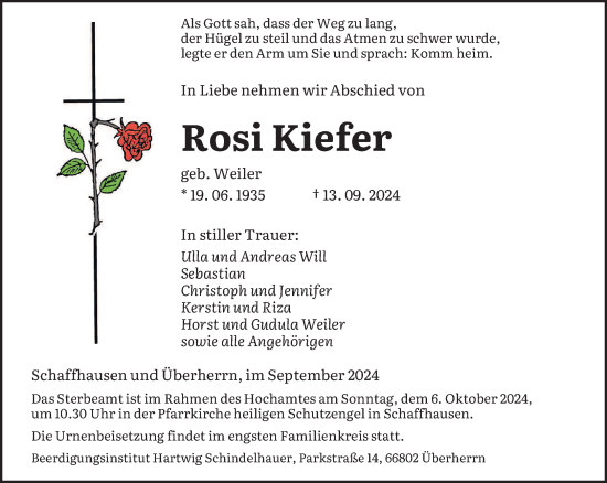 Traueranzeige von Rosi Kiefer von saarbruecker_zeitung