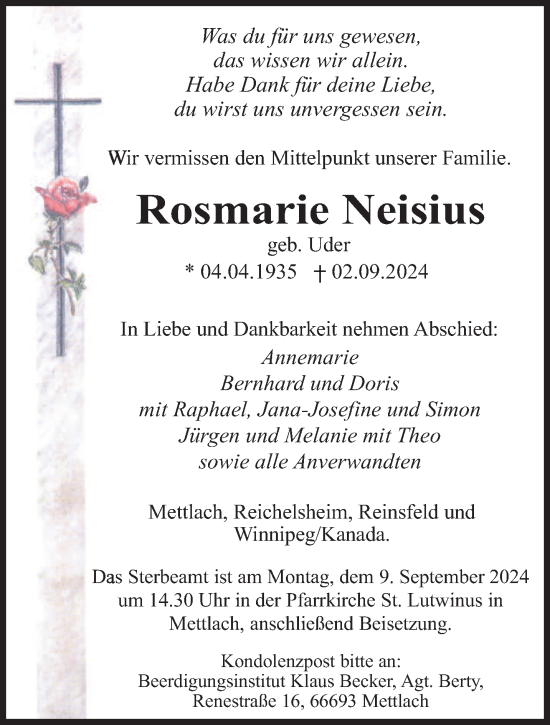 Traueranzeige von Rosmarie Neisius von saarbruecker_zeitung