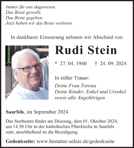 Traueranzeige von Rudi Stein von saarbruecker_zeitung