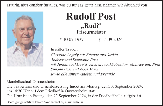 Traueranzeige von Rudolf Post von saarbruecker_zeitung