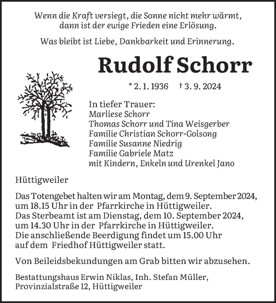 Traueranzeige von Rudolf Schorr von saarbruecker_zeitung