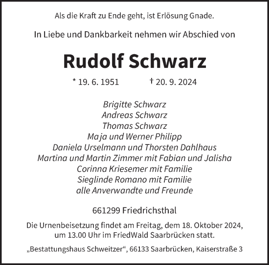 Traueranzeige von Rudolf Schwarz von saarbruecker_zeitung