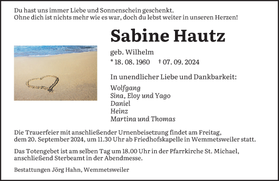 Traueranzeige von Sabine Hautz von saarbruecker_zeitung