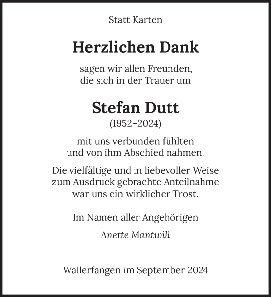 Traueranzeige von Stefan Dutt von saarbruecker_zeitung