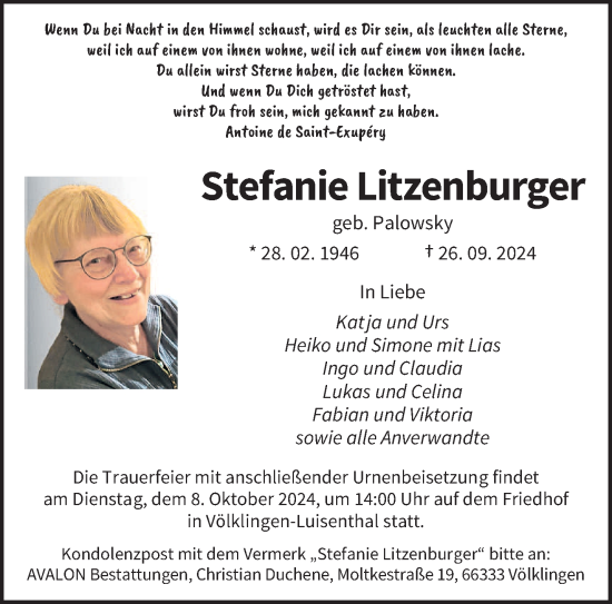 Traueranzeige von Stefanie Litzenburger von saarbruecker_zeitung