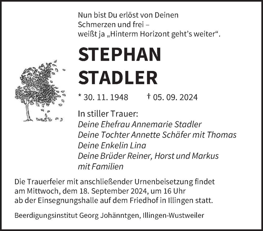  Traueranzeige für Stephan Stadler vom 14.09.2024 aus saarbruecker_zeitung