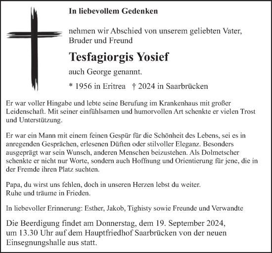 Traueranzeige von Tesfagiorgis Yosief von saarbruecker_zeitung