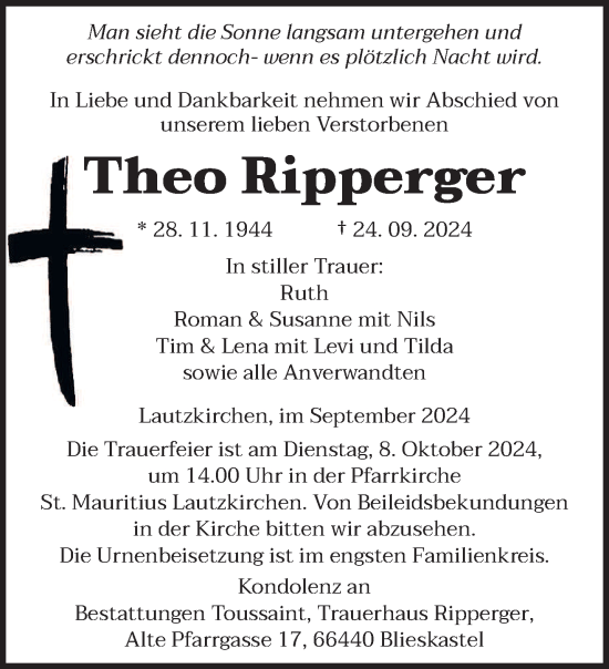 Traueranzeige von Theo Ripperger von saarbruecker_zeitung