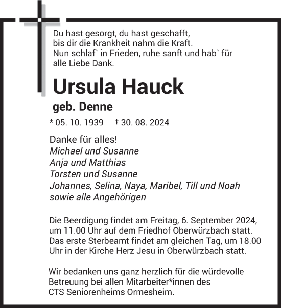 Traueranzeige von Ursula Hauck von saarbruecker_zeitung