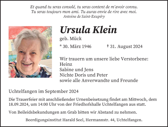 Traueranzeige von Ursula Klein von saarbruecker_zeitung