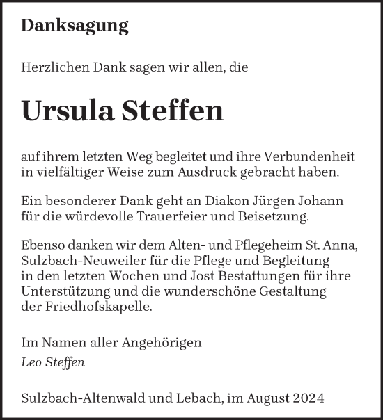 Traueranzeige von Ursula Steffen von saarbruecker_zeitung