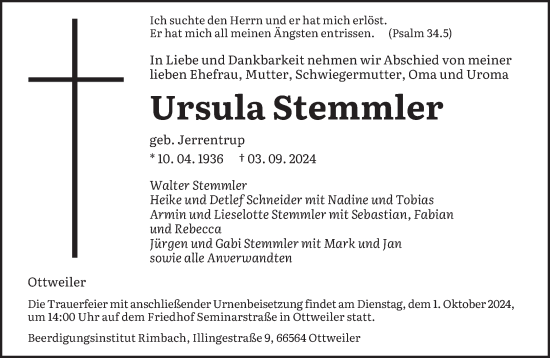 Traueranzeige von Ursula Stemmler von saarbruecker_zeitung