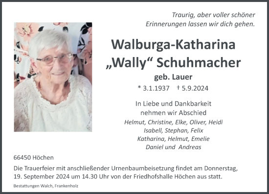 Traueranzeige von Walburga-Katharina Schuhmacher von saarbruecker_zeitung