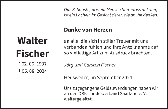 Traueranzeige von Walter Fischer von saarbruecker_zeitung