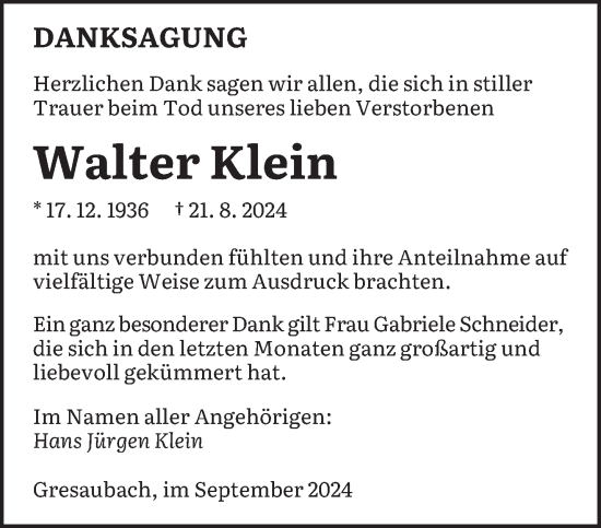 Traueranzeige von Walter Klein von saarbruecker_zeitung