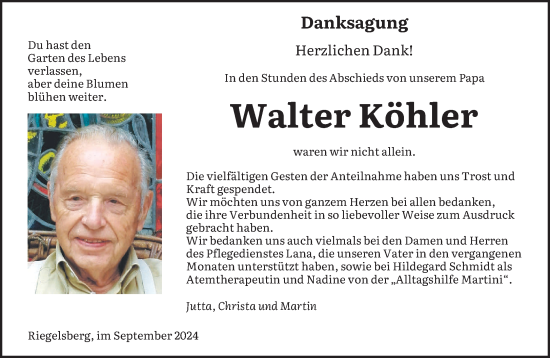 Traueranzeige von Walter Köhler von saarbruecker_zeitung