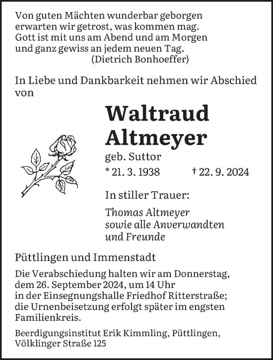 Traueranzeige von Waltraud Altmeyer von saarbruecker_zeitung