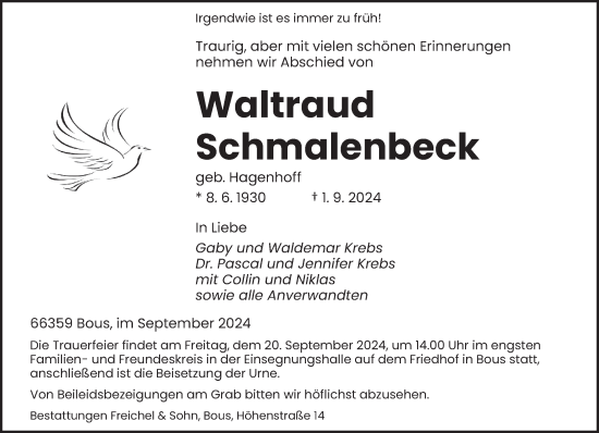 Traueranzeige von Waltraud Schmalenbeck von saarbruecker_zeitung