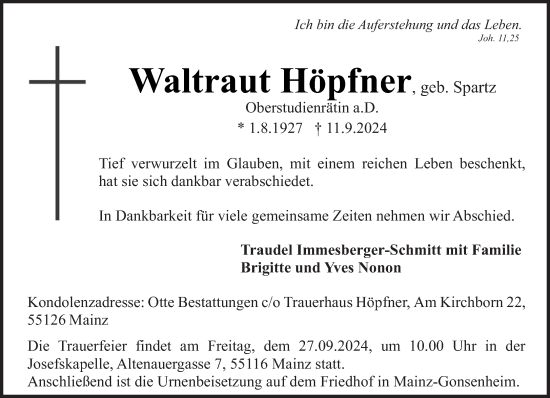 Traueranzeige von Waltraut Höpfner von saarbruecker_zeitung