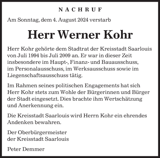 Traueranzeige von Werner Kohr von saarbruecker_zeitung