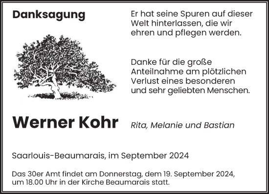 Traueranzeige von Werner Kohr von saarbruecker_zeitung