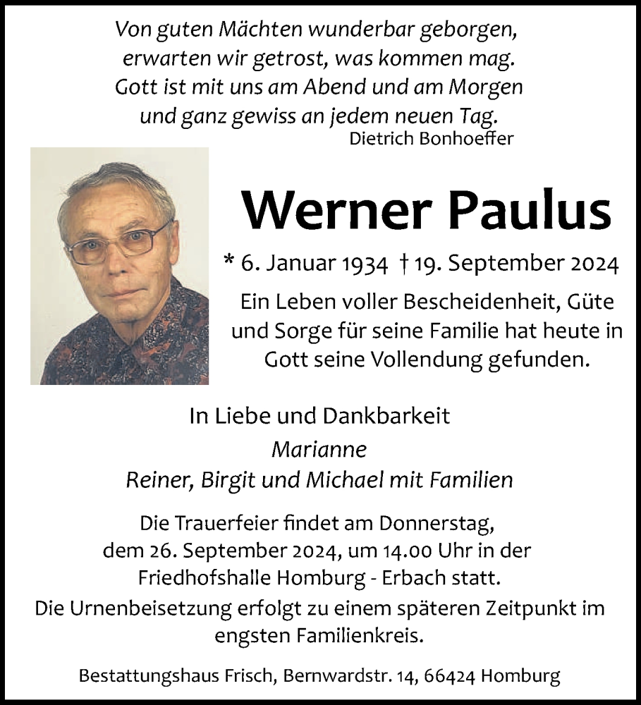  Traueranzeige für Werner Paulus vom 21.09.2024 aus saarbruecker_zeitung