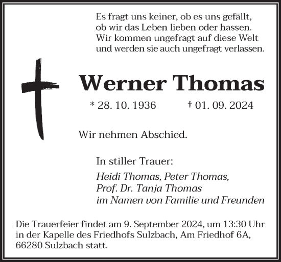 Traueranzeige von Werner Thomas von saarbruecker_zeitung