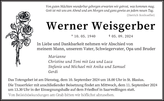 Traueranzeige von Werner Weisgerber von saarbruecker_zeitung