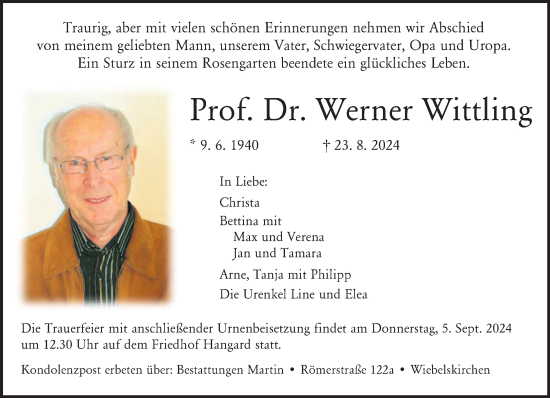 Traueranzeige von Werner Wittling von saarbruecker_zeitung