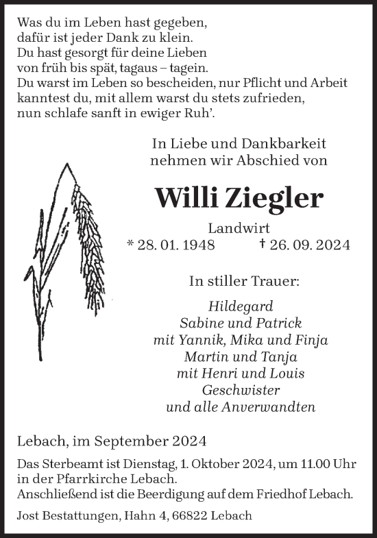 Traueranzeige von Willi Ziegler von saarbruecker_zeitung