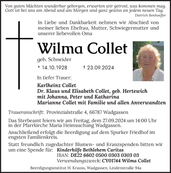 Traueranzeige von Wilma Collet von saarbruecker_zeitung